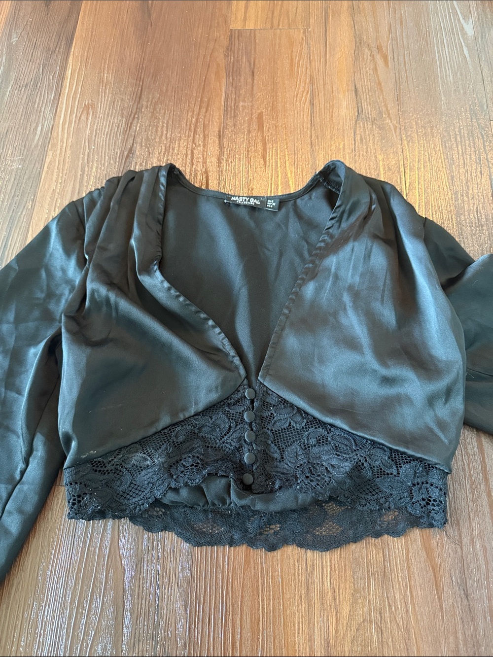Nasty Gal Black Satin Lace-Trim Cropped Top
